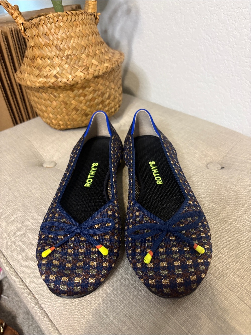 Rothy's Navy Tweed Ballet Flats with Yellow Tips 7